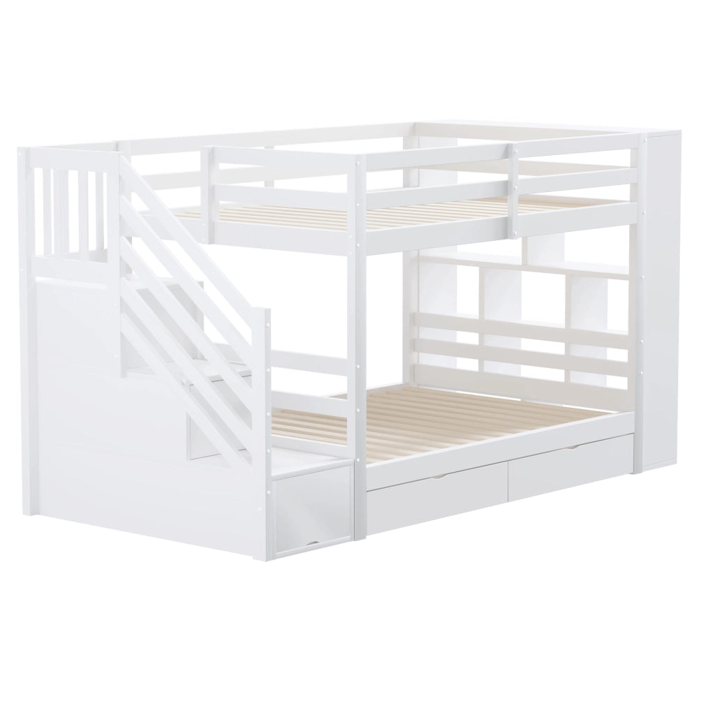 Letto a castello; 90x200cm; con scale di sicurezza; cassetti per riporre; armadietti; bianco