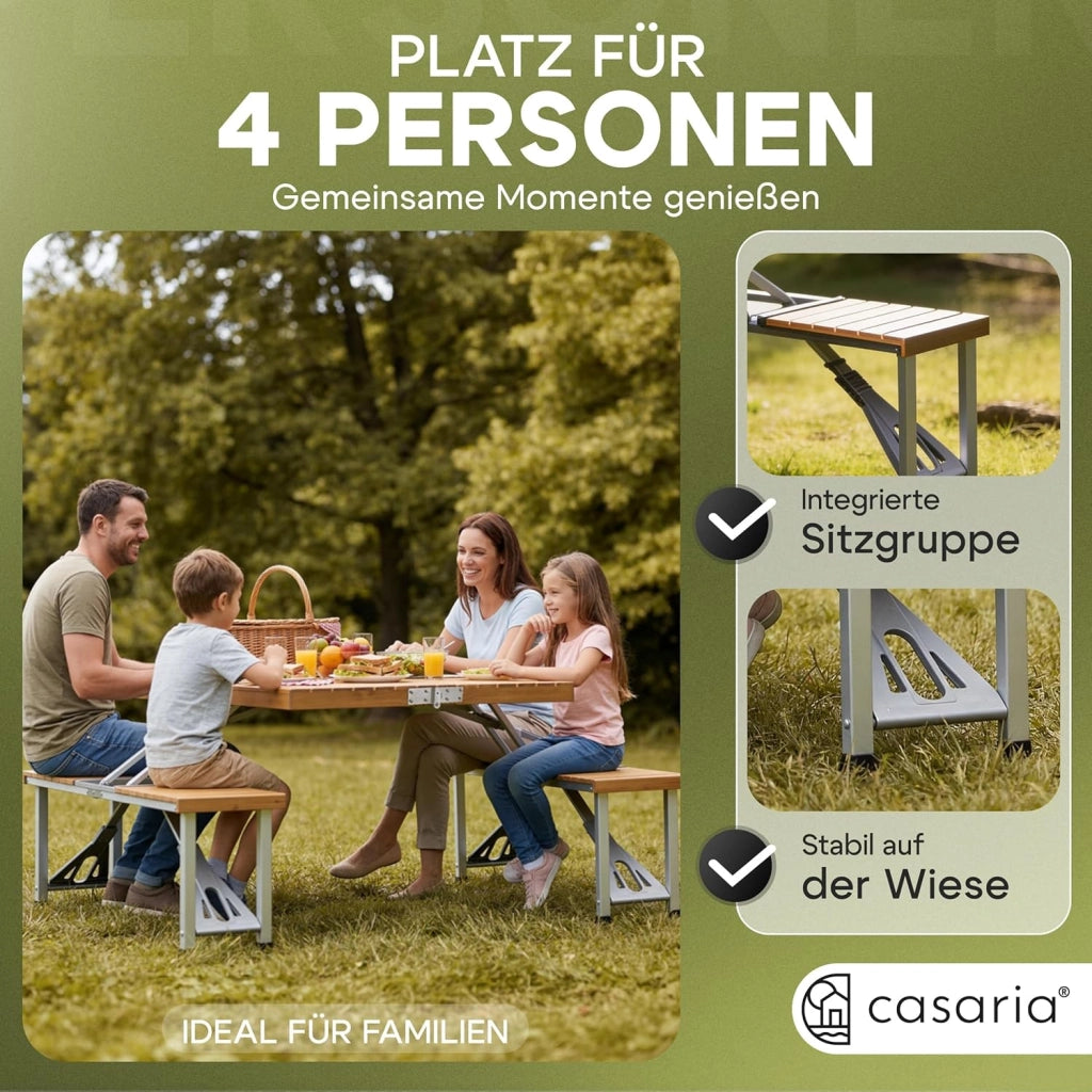 Casaria Tavolo Pieghevole con 2 Panche Set da Campeggio Picnic Portatile a Valigetta in Alluminio con Foro Ombrellone Maniglia per Trasporto 4 Posti Mare Spiaggia