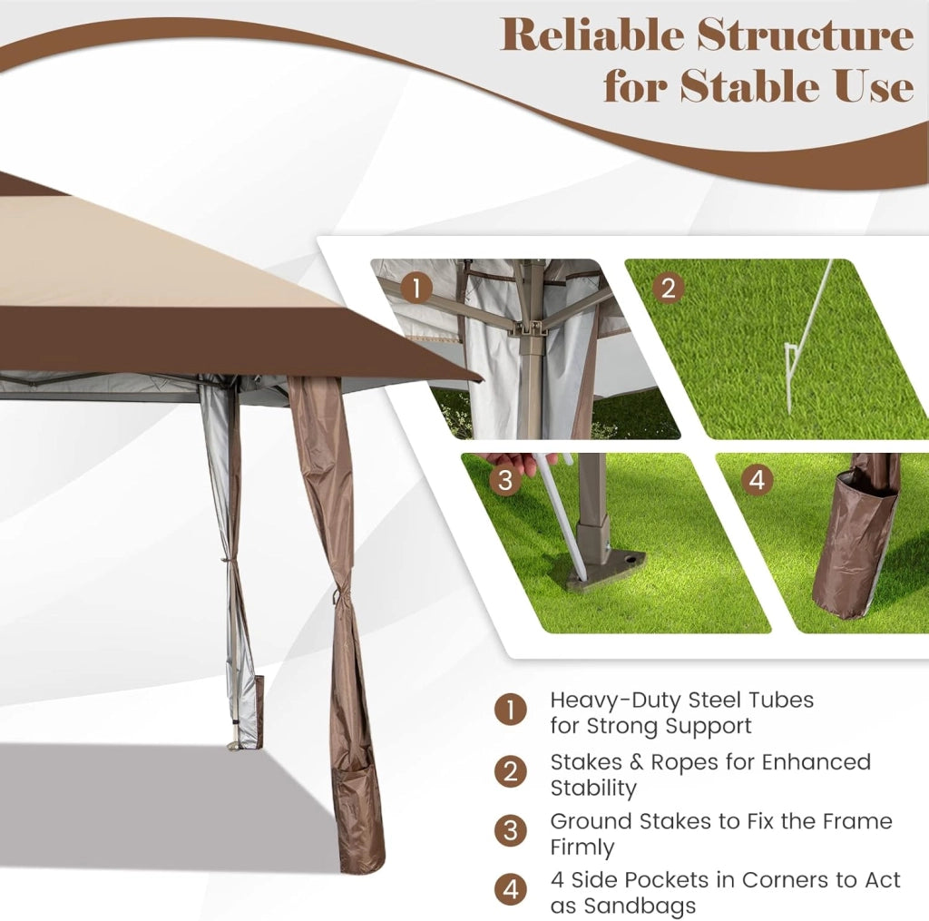 Gazebo da Giardino Regolabile in Altezza 265/275/285 cm, Pieghevole, Portatile, con Custodia e Ruote e 4 Sacchi di Sabbia, Tenda da Giardino, Terrazza, Cortile