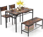 Set da Pranzo 4 Pezzi, Tavolo da Pranzo Industriale con 2 Sedie e Panca, Mobili da Cucina con Telaio in Metallo, Ripiano Portaoggetti(Marrone)