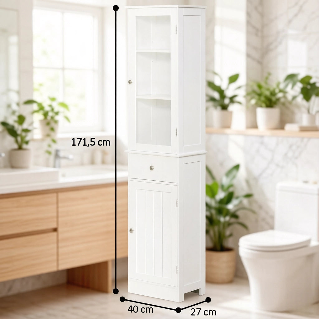 Armadietto da bagno alto con anta in acrilico, 2 ripiani e cassetto, per bagno, bianco 40 × 27 × 171,5 cm