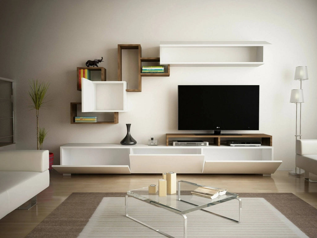Parete attrezzata Acquifero, Composizione soggiorno, Mobile salotto multiuso, Armadio porta TV, 210x37h47 cm, Bianco e Noce
