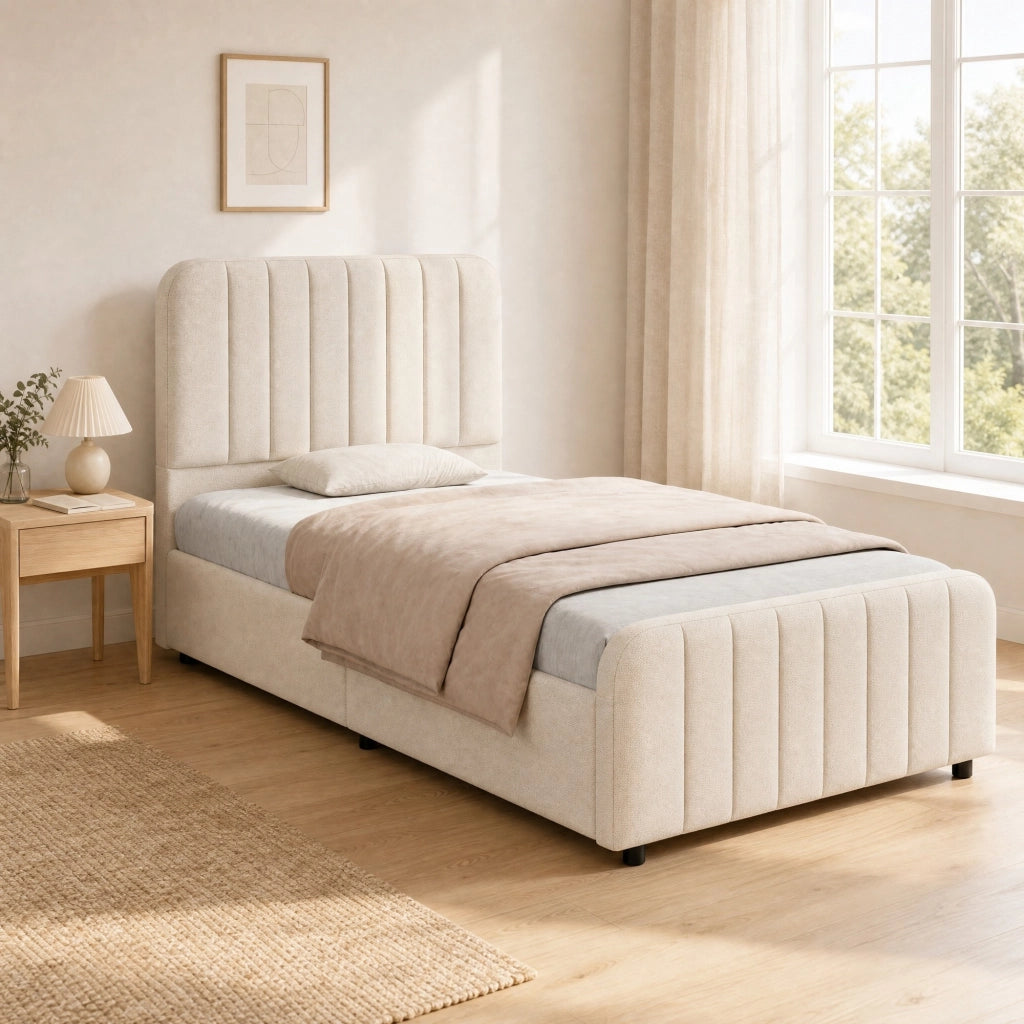 Letto singolo imbottito 90x200 cm con sollevamento idraulico, rete a doghe, testiera trapuntata e vano contenitore, beige