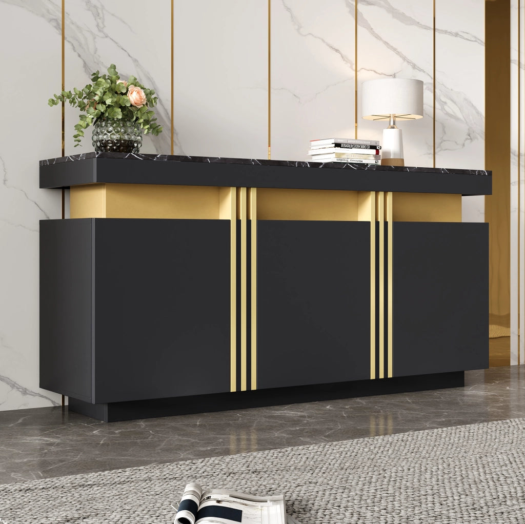 Credenza 140x38x70 cm con 3 ante e ripiani regolabili; effetto marmo in truciolare nero