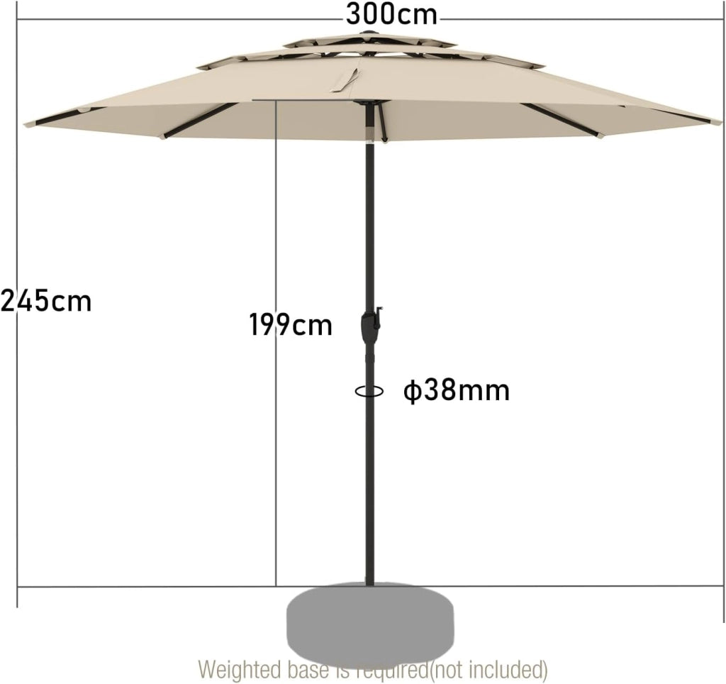 φ3 m Ombrellone da giardino, Tripla baldacchino, Ombrellone inclinabile, Angolo regolabile, Ombrellone da esterno, protezione solare, per terrazza, balcone, altezza di 240 cm