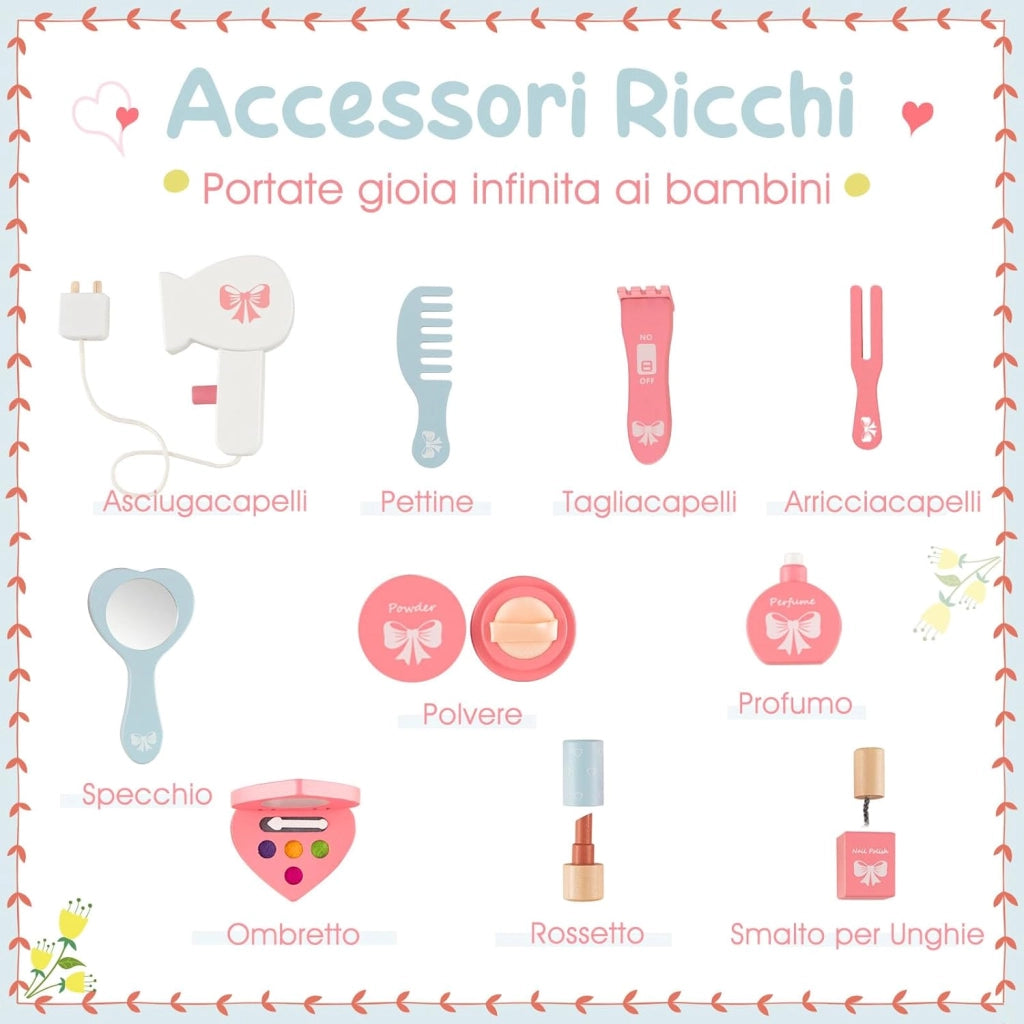 Toeletta Trucco 2 in 1 per Bambina, Specchiera Staccabile per Ragazza in Legno con Sgabello, Cassetto, Ripiani e Giocattoli, Postazione Trucco per 3 Anni, 50 x 34 x 93 cm, Bianco（Modello 1）