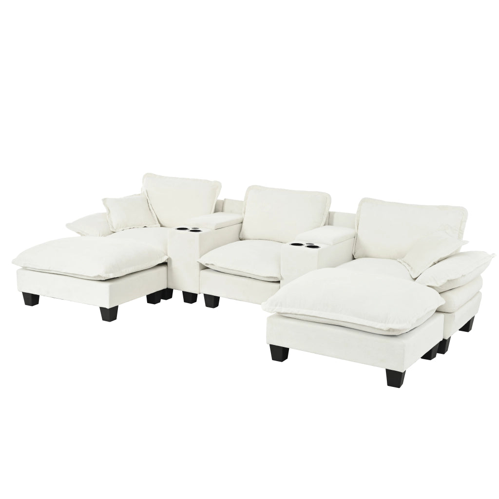 Divano modulare a U con contenitore, portabicchieri e porte USB, in ciniglia beige 323 × 151 × 90 cm