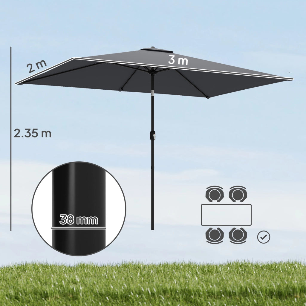Ombrellone Rettangolare da Giardino 300x200 cm con Manovella in Metallo e Poliestere Grigio Scuro