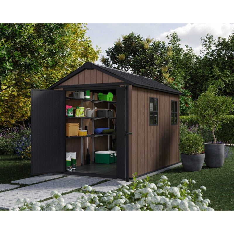 Casetta da giardino in resina EVOTECH+ 287x230 cm - con pavimento e doppia porta - carico neve 150 kg/m² – Newton Plus 759/975 - Marrone - Keter