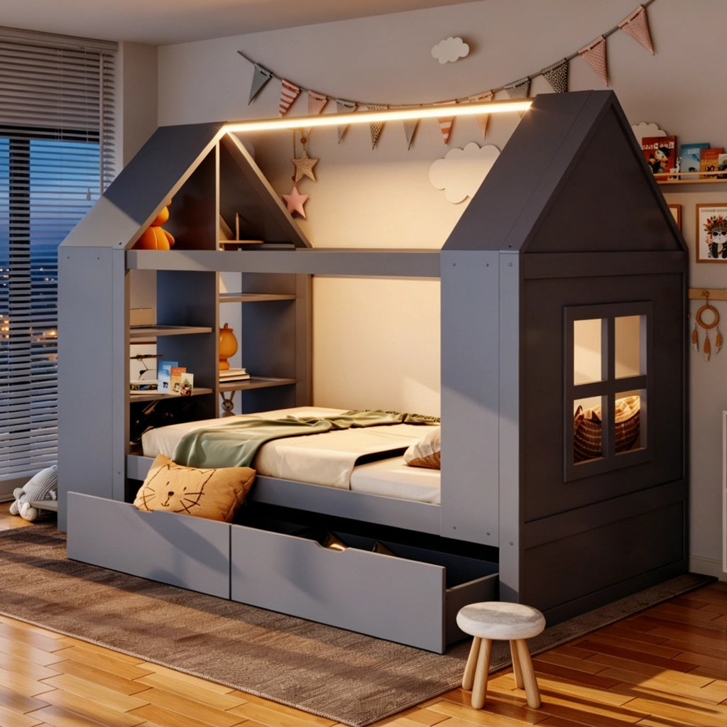 LETTO a casetta 90x200 cm in legno grigio con 2 cassetti e LED