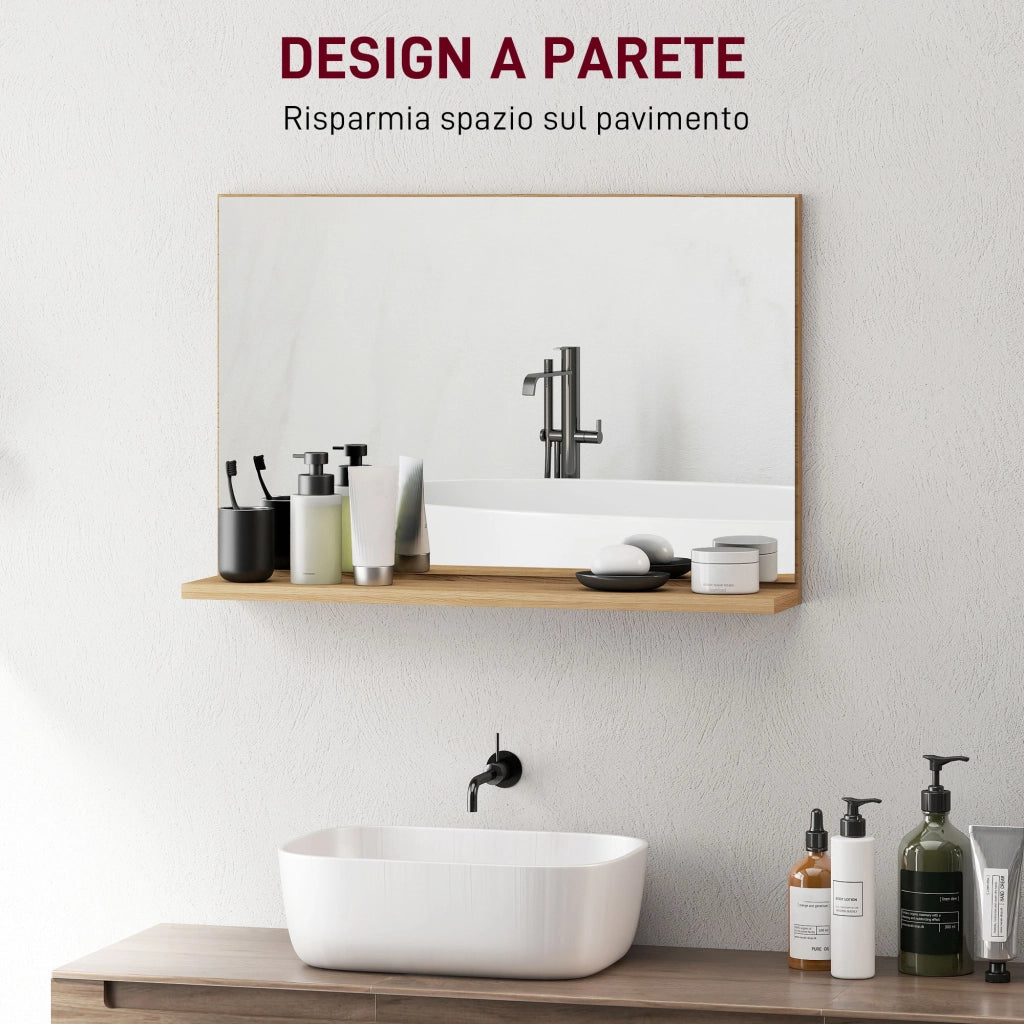 Specchio Bagno da Parete con Mensola Design Moderno e Multiuso, 60x12x40 cm, Legno