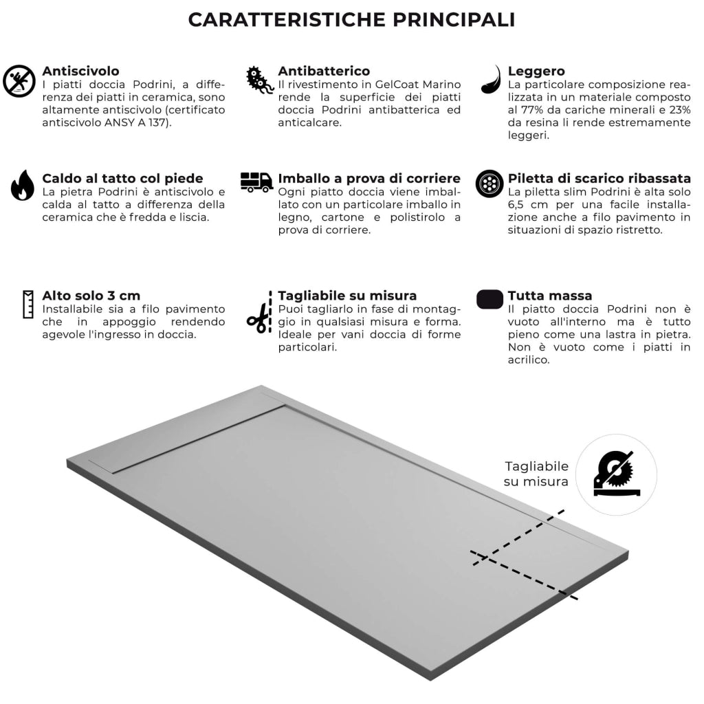 Piatto Doccia 90x190 cm in Pietra Bonussi Kamet Grigio Chiaro