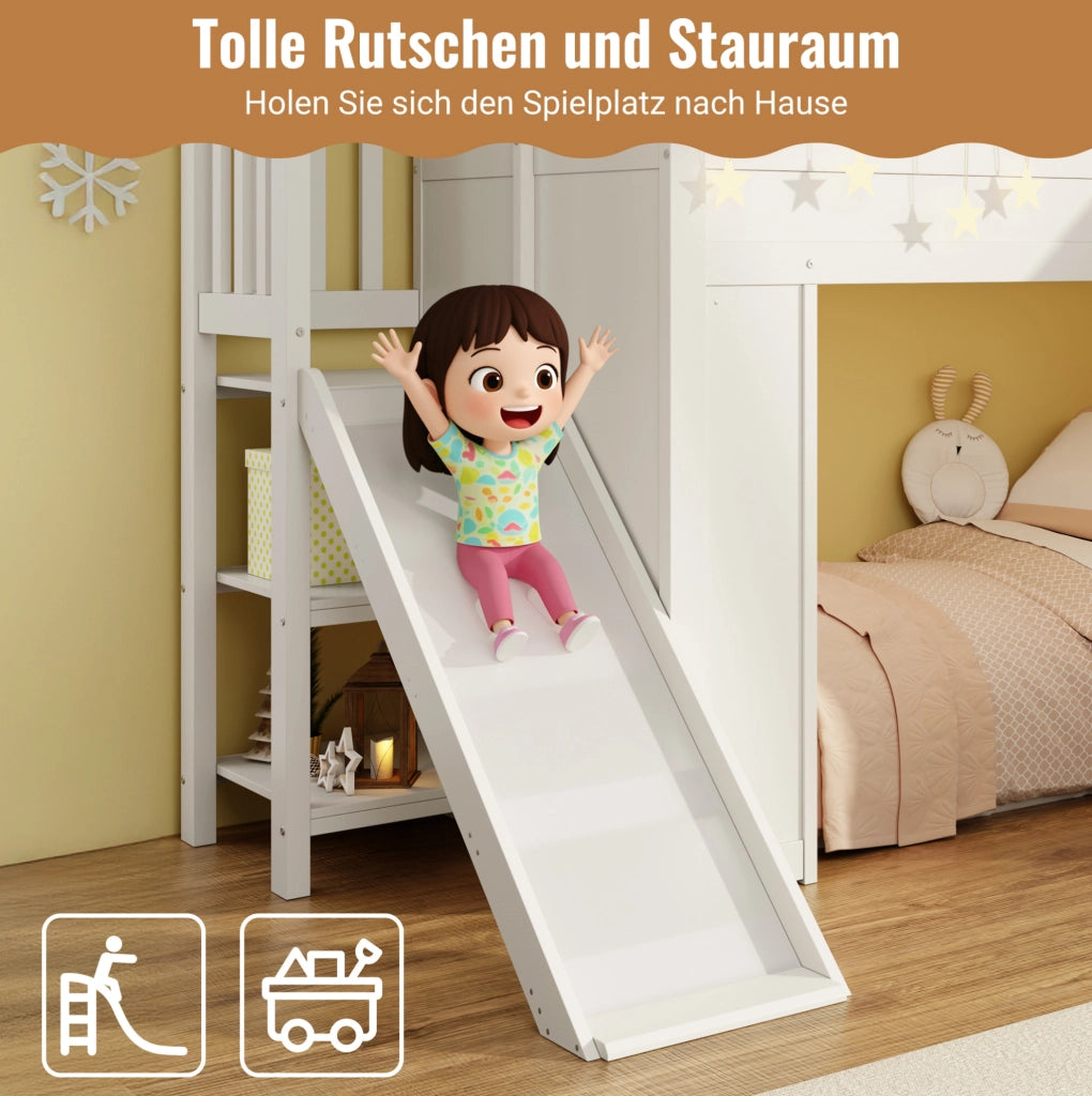 Letto a soppalco per bambini 90x200 cm con scivolo; scala contenitore e LED; bianco