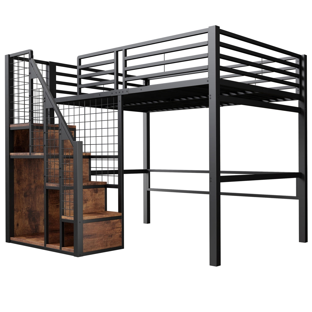 Letto a soppalco singolo 140 × 200 cm con scala, contenitore integrato e barriera, senza materasso, metallo nero