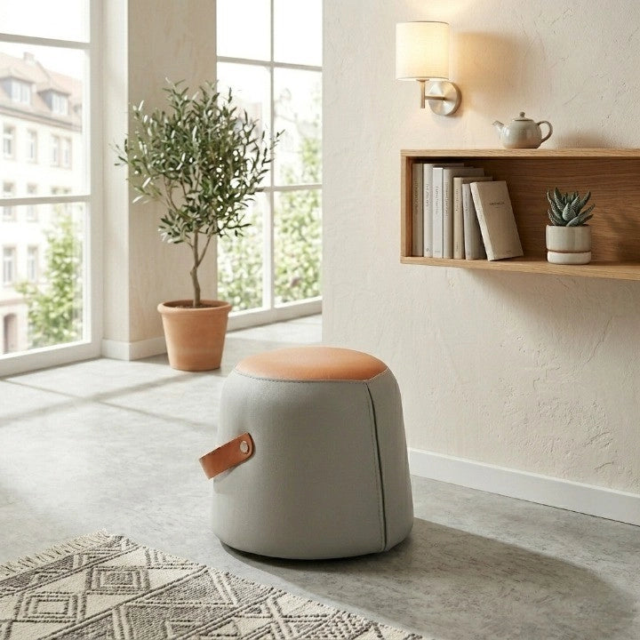 POUF in PU Grigio e Arancione con Maniglia in PU