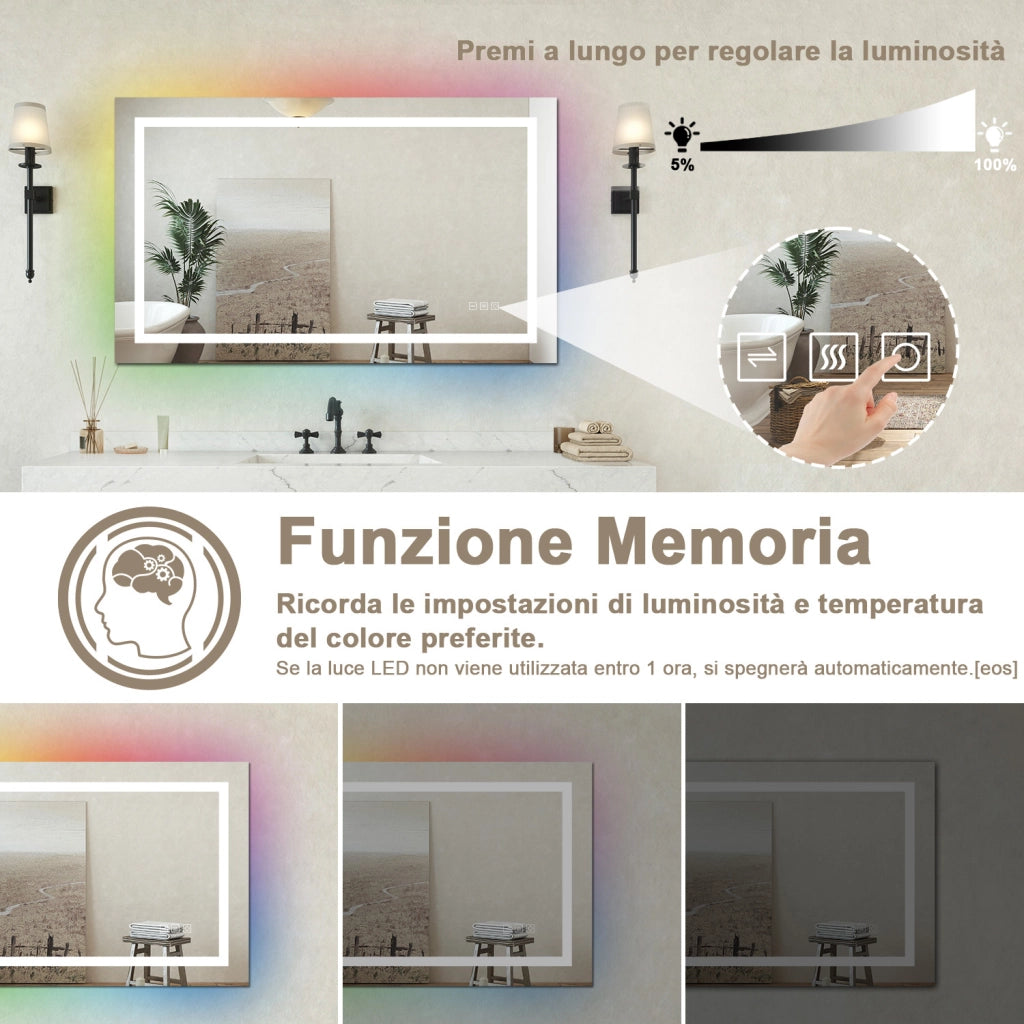 Specchio bagno Rettangolare 120x70cm Led Con 3 Luci + Iridescenza arcobaleno + Antiappannamento