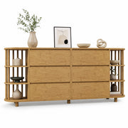 Credenza 160x40x75 cm in MDF e bambù effetto rovere， 6 cassetti e ripiani aperti