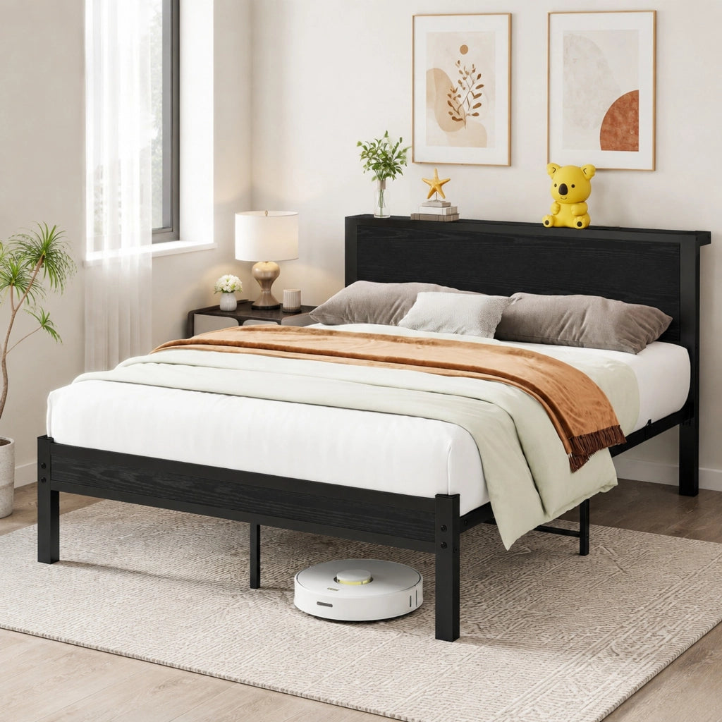 LETTO Singolo 120x200 cm con testiera, MDF e metallo, Nero