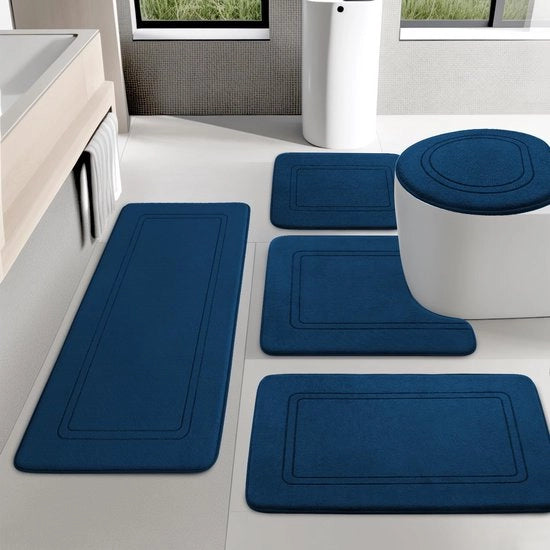 Set di tappeti per bagno, tappeto antiscivolo per bagno, set di 5 tappeti per bagno in gommapiuma e tappeto per gabinetto a forma di U, blu marino