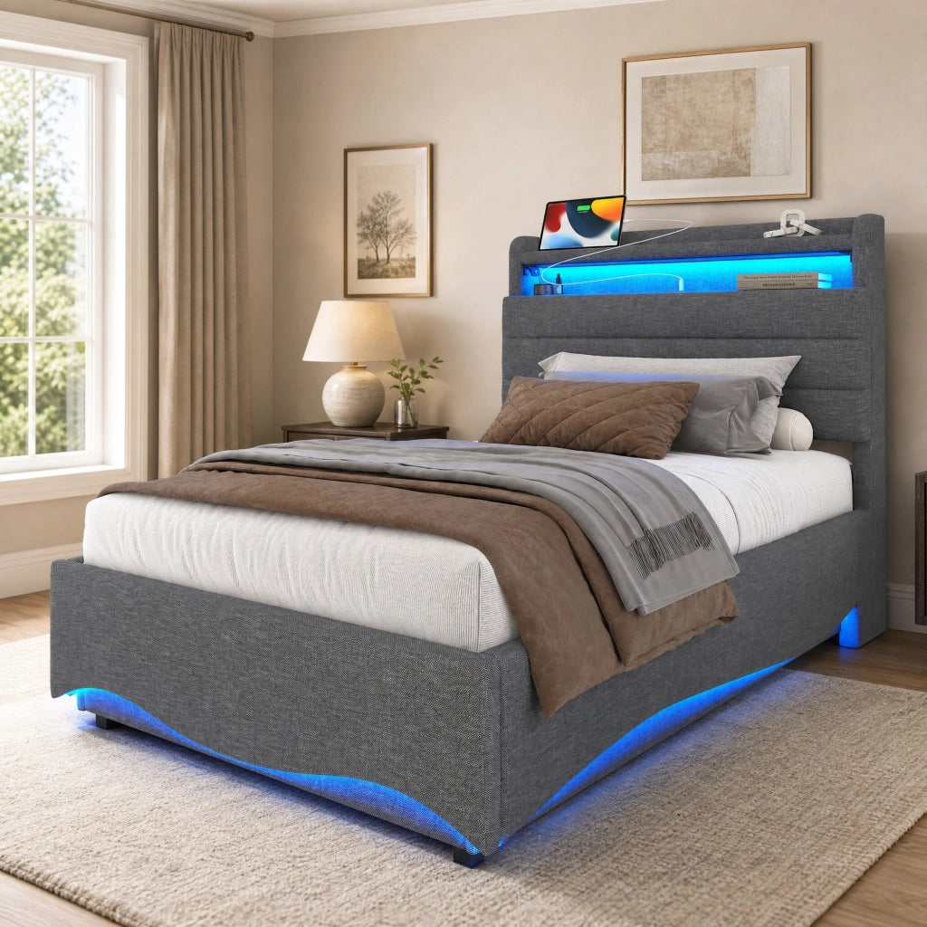 Letto imbottito 90x200 cm in lino grigio con LED, USB e Tipo-C, contenitore idraulico, senza materasso