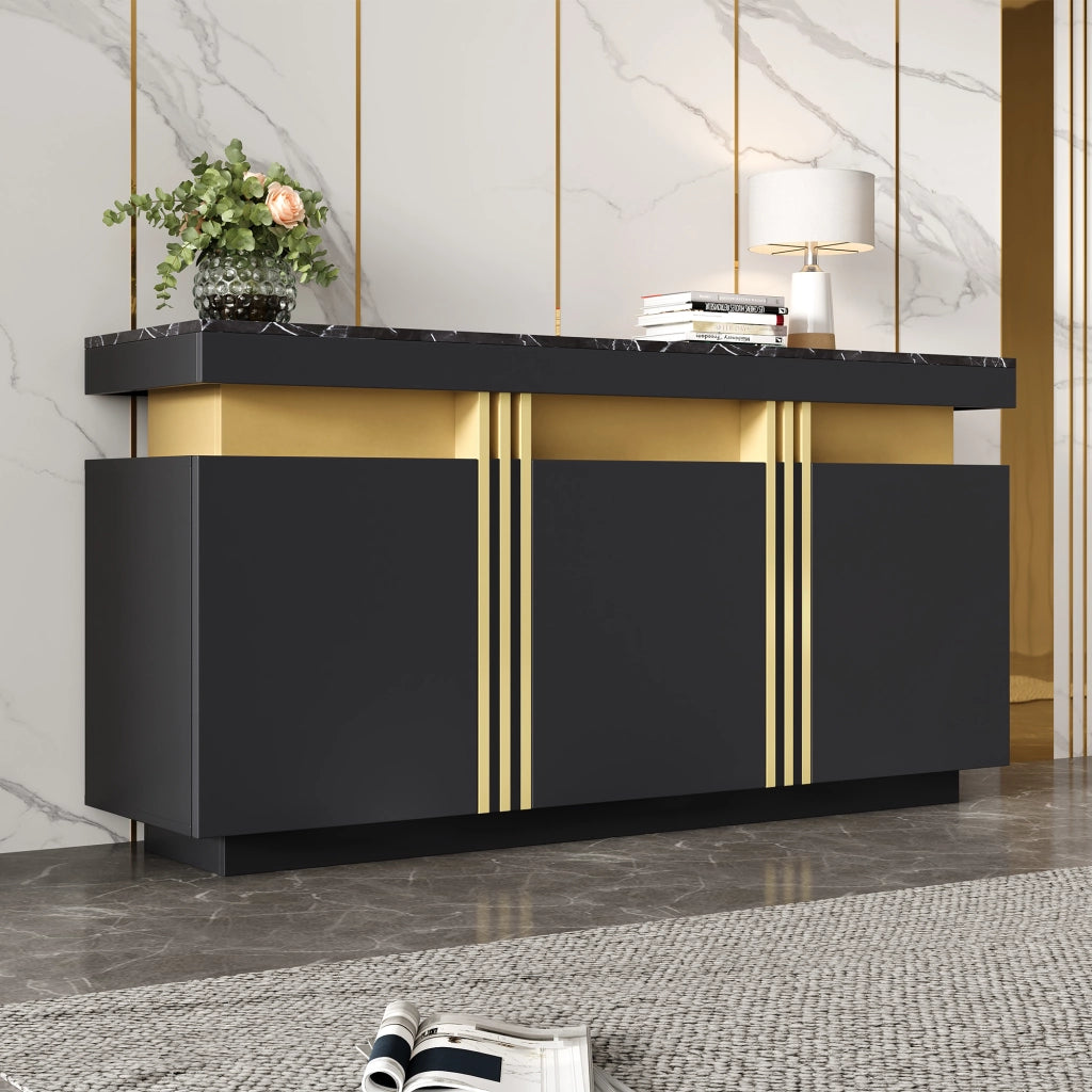 Credenza moderna nera 140x38x70 cm con 3 ante, 6 vani e ripiani regolabili