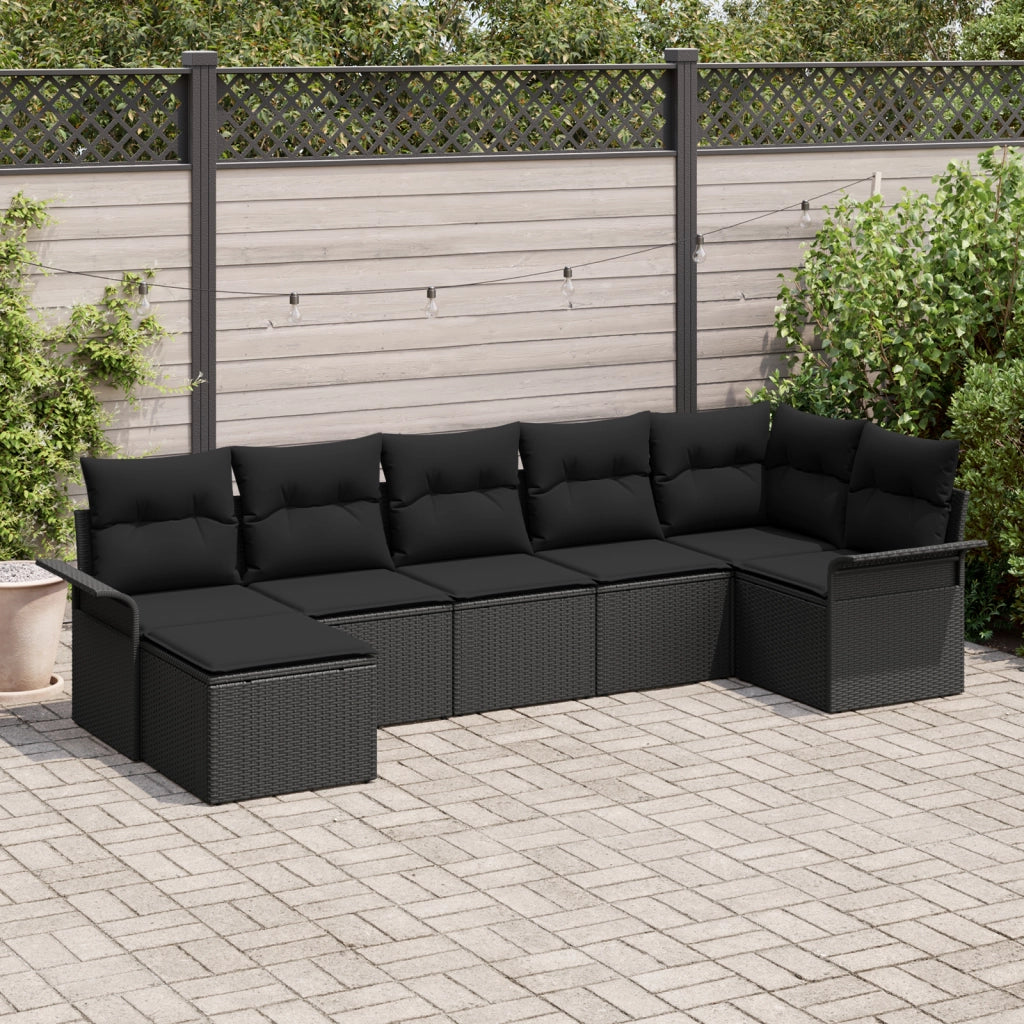 Set Divano da Giardino a 7 Pezzi con Cuscini Nero Polyrattan