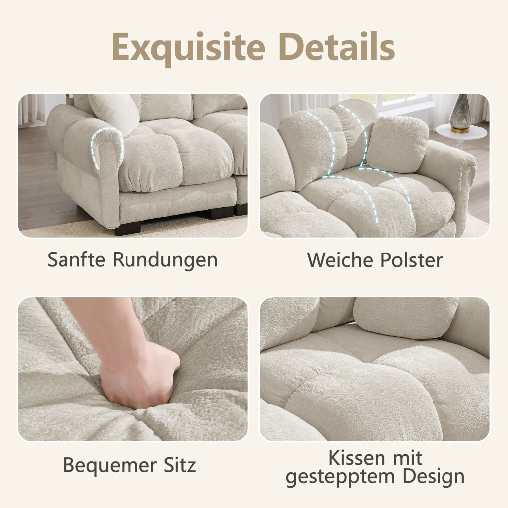 Divano angolare componibile a U a 4 posti in chenille con pouf mobili e cuciture trapuntate beige chiaro