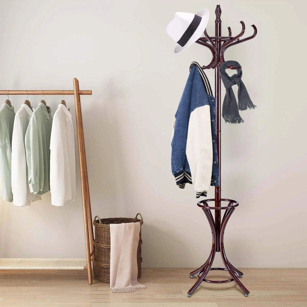 Appendiabiti da 184 cm, Scaffale per Abiti e Cappelli, Appendiabiti in Legno con 12 Ganci, Supporto per Ombrellone, Portabiti Autoportante, per Ingresso, Ufficio, Soggiorno (Marrone)