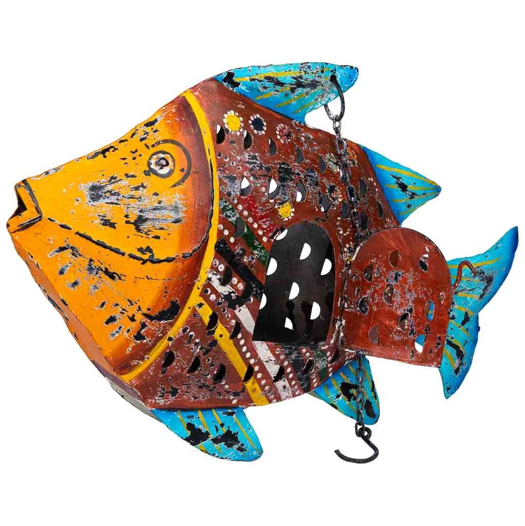 Portacandele pesce in metallo invecchiato 50x10x32