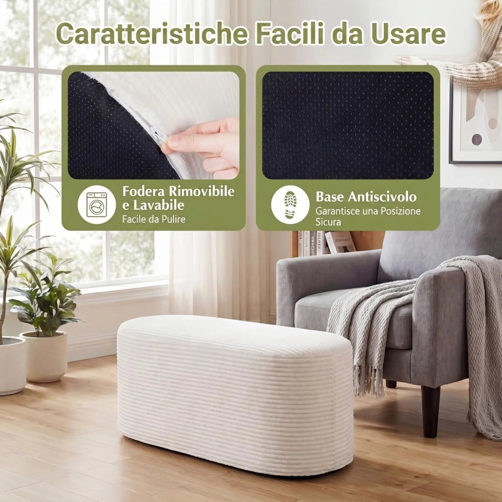 Pouf Poggiapiedi Imbottito 120 X 46 X 48 CM, Poggiapiedi Divano con Velluto a Coste e Spugna ad Alta Densità, Pouf Ovale con Base Antiscivolo per Soggiorno, Camera da Letto, Beige