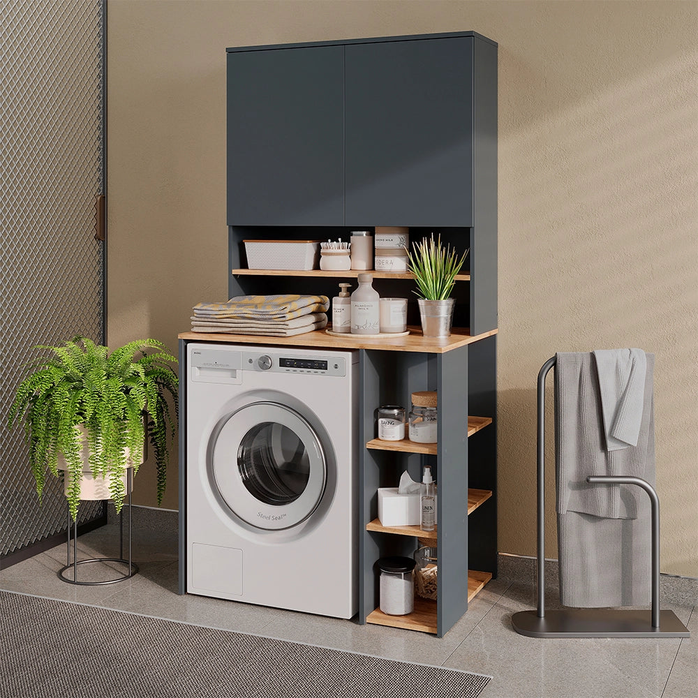 Mobile per lavatrice Viktor Antracite/Rovere dorato 93.6 x 88.2 cm 2 parti con ripiano Vicco