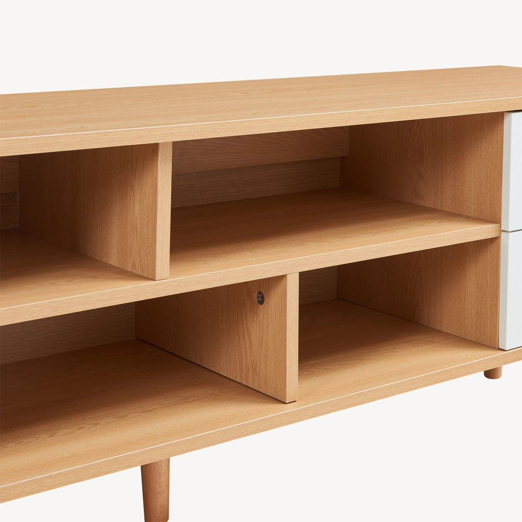 Mobile Porta TV Bordkak con 4 Cassetti a Scomparti Aperti 140 x 30 x 45 cm - Effetto Rovere / Bianco [en.casa]