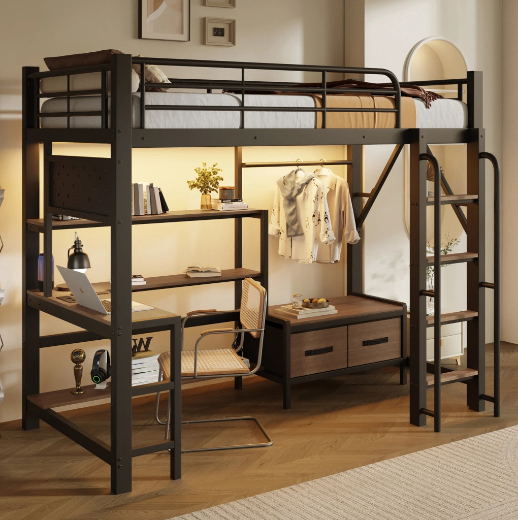 Letto a soppalco 90x200 cm con scrivania, LED e USB