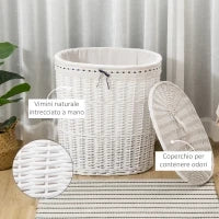 Cesto Portabiancheria in Vimini con Coperchio e Sacco Interno in Tessuto Lavabile, Bianco