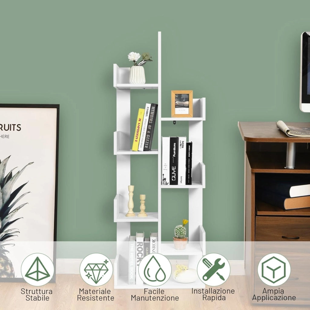 Libreria Multiuso da Terra, Libreria ad Albero con 8 Ripiani, Scaffale in Legno per Libri, Ideale per Soggiorno, Ufficio, 50 x 25 x 145 cm (Bianco)