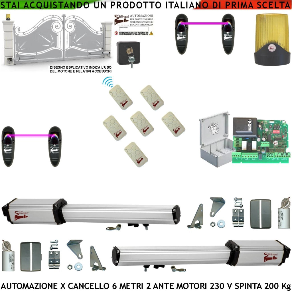 Cancello Automatico 6 Metri 2 Ante da 3 MT Kit Base 2 Motori Elettromeccanici 230 V Corsa 500 mm Spinta 2 Q.li Kit Staffe Sei Radiocomandi 2 Coppie Fotocellule Faro 2 Chiavi Sblocco Cartello Monitore