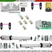 Cancello Automatico 6 Metri 2 Ante da 3 MT Kit Base 2 Motori Elettromeccanici 230 V Corsa 500 mm Spinta 2 Q.li Kit Staffe Sei Radiocomandi 2 Coppie Fotocellule Faro 2 Chiavi Sblocco Cartello Monitore