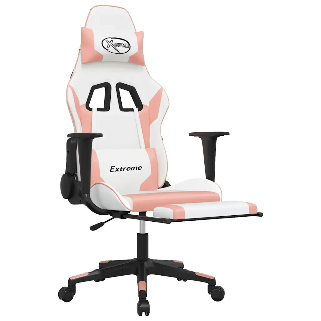 Sedia da Gaming | Sedia da e-sports Massaggio Poggiapiedi Bianco e Rosa Similpelle
