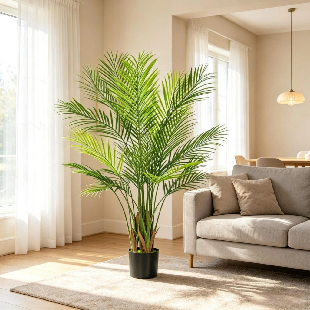 Pianta artificiale palmare verde 120 cm con vaso in tessuto e base in cemento per interni