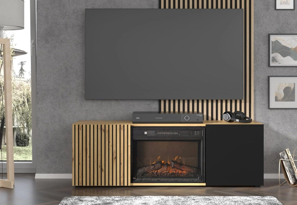 Mobile TV soggiorno cm 148x42x52,20h con caminetto  mod Auris 150 rovere