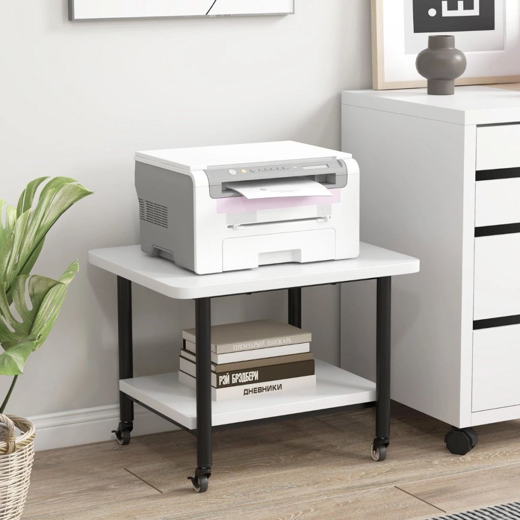 Tavolino in legno multifunzione con ruote girevoli-Mobiletto carrello con 2 ripiani 49x40x37cm Bianco e nero