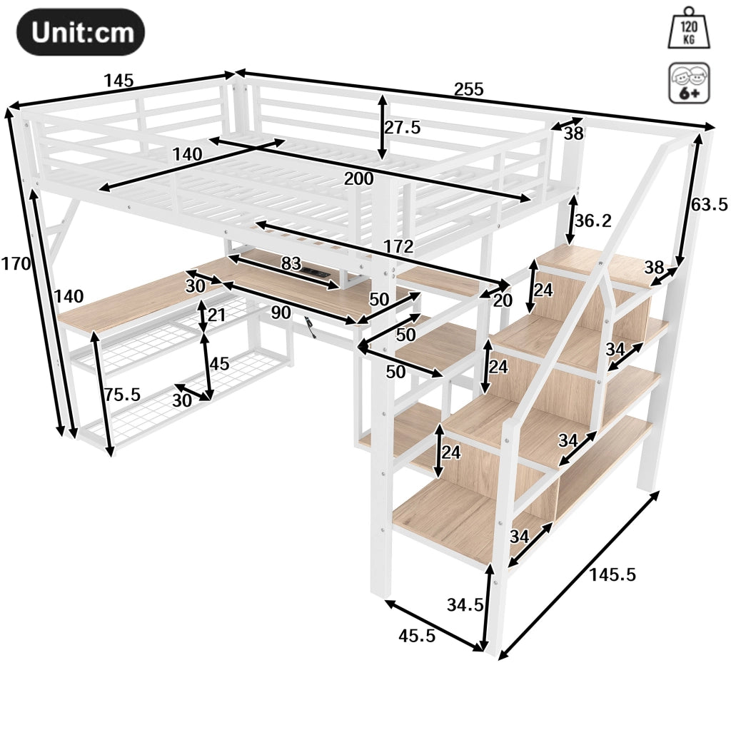 Letto a soppalco 140x200 cm con scrivania; LED e USB in metallo e MDF bianco HOMVRA