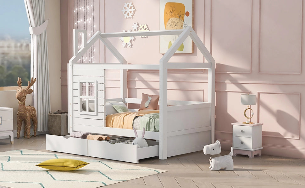 Letto per bambini in legno massello di pino bianco 80x160 cm con sponde, finestre decorative, reti a doghe e 2 cassetti contenitore