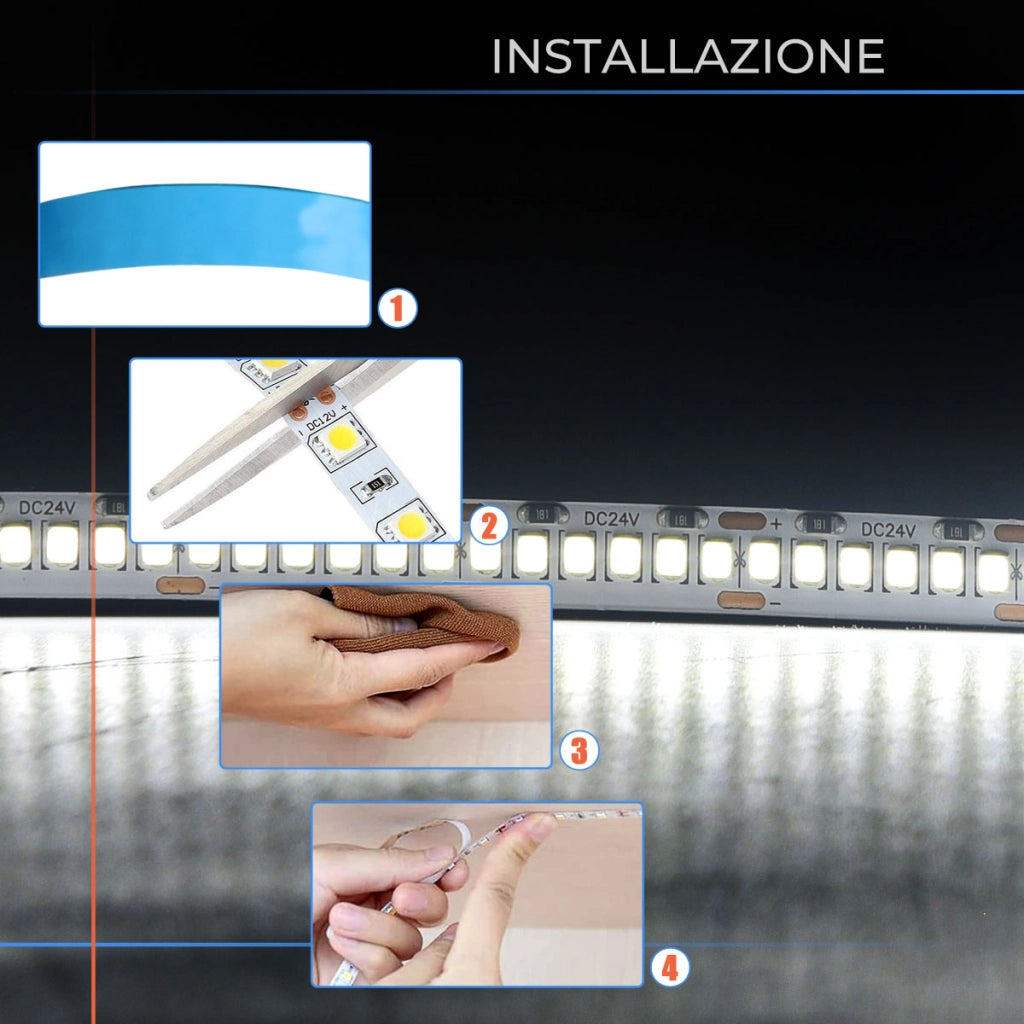 STRISCIA 24V IP20 240 LED/MT LUCE BIANCA 6000K - ALTA LUMINOSITA' FACILE INSTALLAZIONE CON BIADESIVO 3M