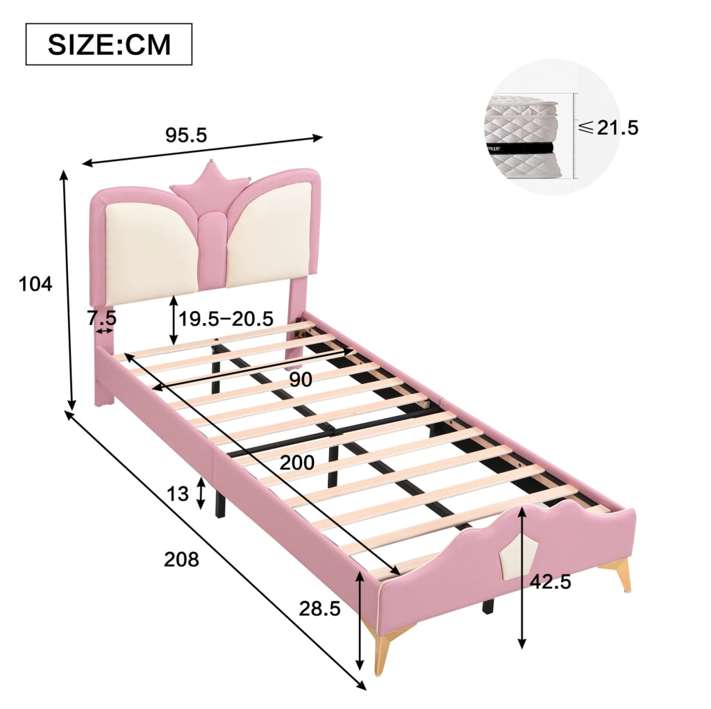 Letto imbottito per bambini 90x200 cm con testiera a corona; PU; rosa e bianco