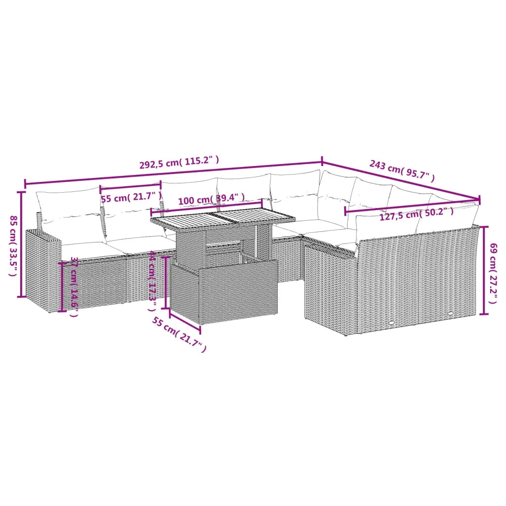 Set Divano da Giardino 10 pz con Cuscini Beige in Polyrattan 3271472