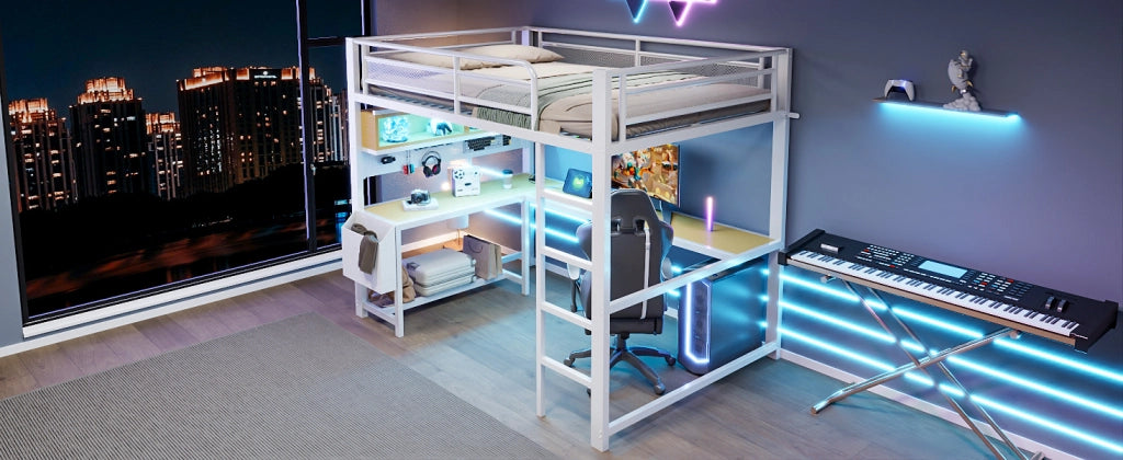 LETTO A soppalco 140x200 cm con scrivania LED USB MDF metallo bianco