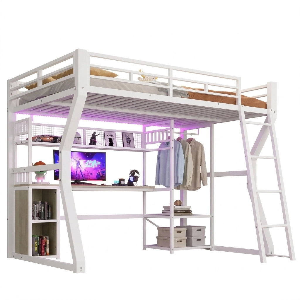 Letto a soppalco 140x200 cm con scrivania, luce LED e presa, bianco