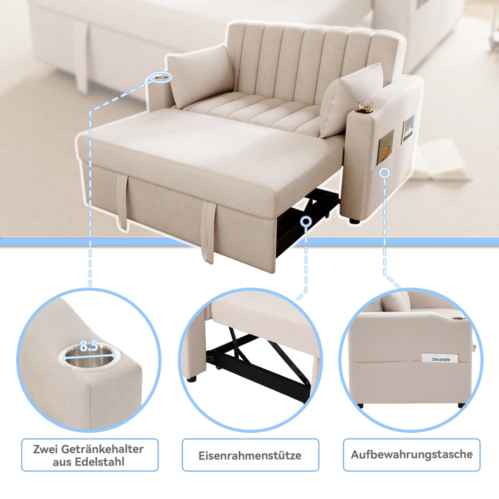 Divano Letto 2 Posti con Schienale Regolabile; Portabicchieri e Tasche Laterali; in Lino di Cotone Beige