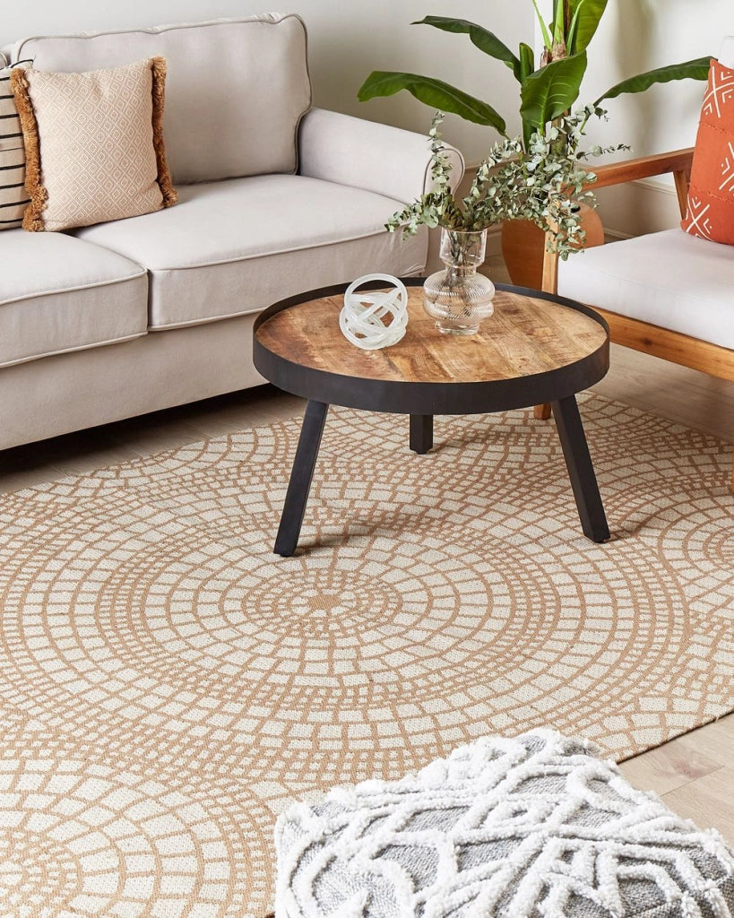 Tappeto da giardino beige e bianco in iuta 160 x 230 cm Rettangolare con motivo geometrico a trama piatta stile boho Camera da letto Soggiorno